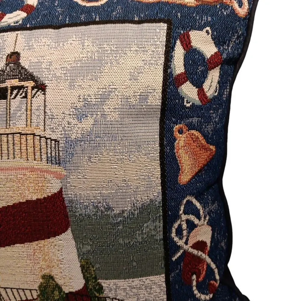 Lighthouse & Nautical Coastal Scene Mohawk Home Vtg Pillow Blue Burgundy 15
